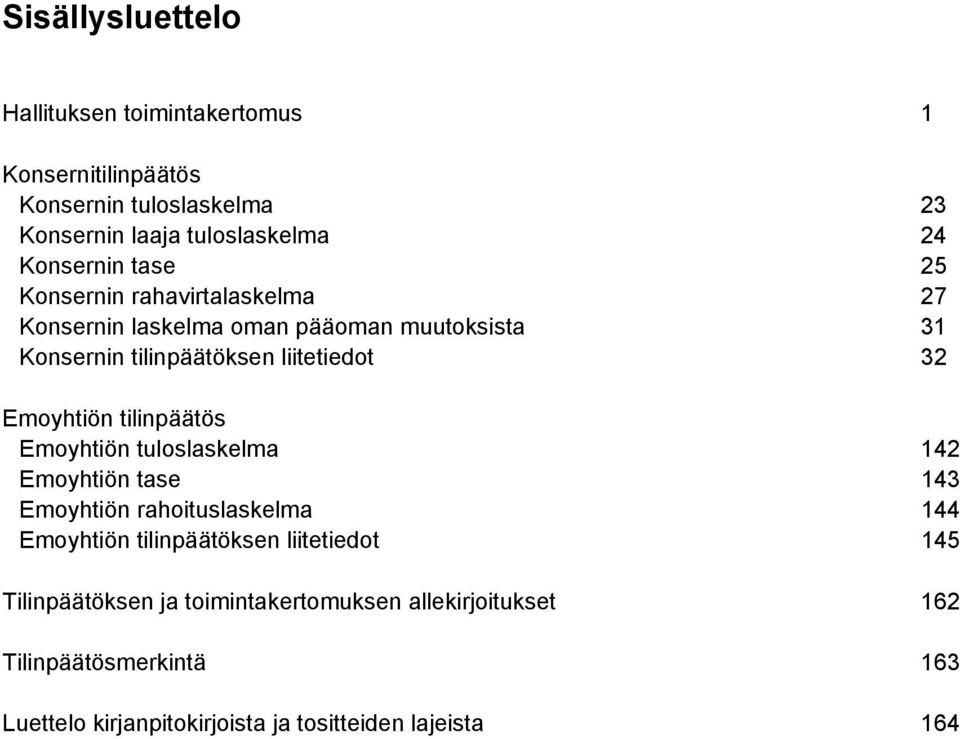 Emoyhtiön tilinpäätös Emoyhtiön tuloslaskelma 142 Emoyhtiön tase 143 Emoyhtiön rahoituslaskelma 144 Emoyhtiön tilinpäätöksen