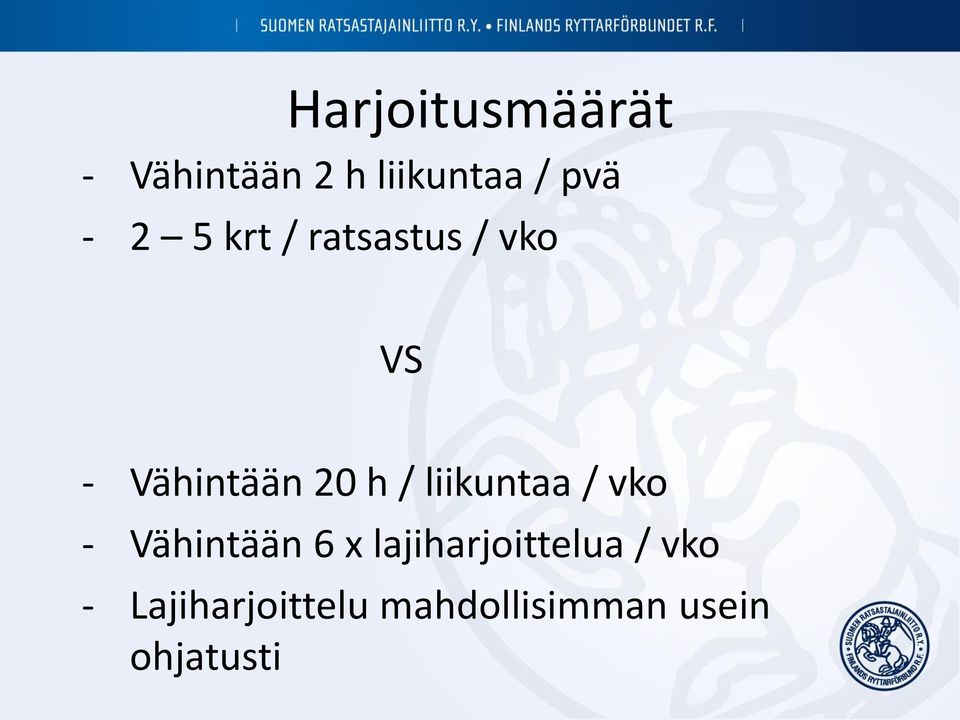 liikuntaa / vko - Vähintään 6 x lajiharjoittelua /