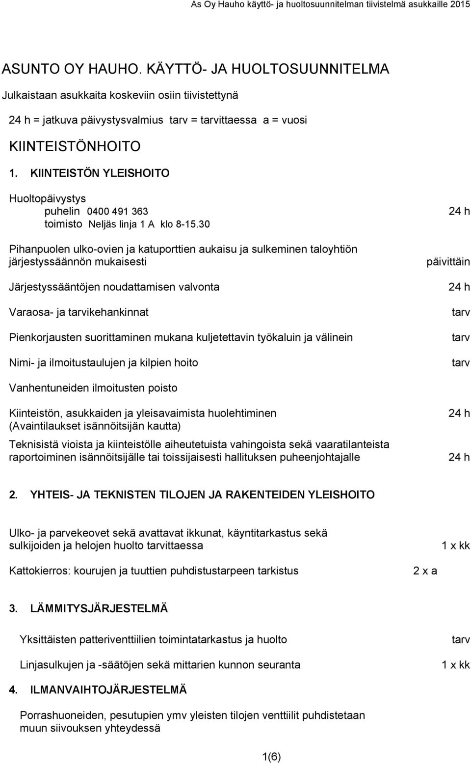 30 Pihanpuolen ulko-ovien ja katuporttien aukaisu ja sulkeminen taloyhtiön järjestyssäännön mukaisesti Järjestyssääntöjen noudattamisen valvonta Varaosa- ja ikehankinnat Pienkorjausten suorittaminen