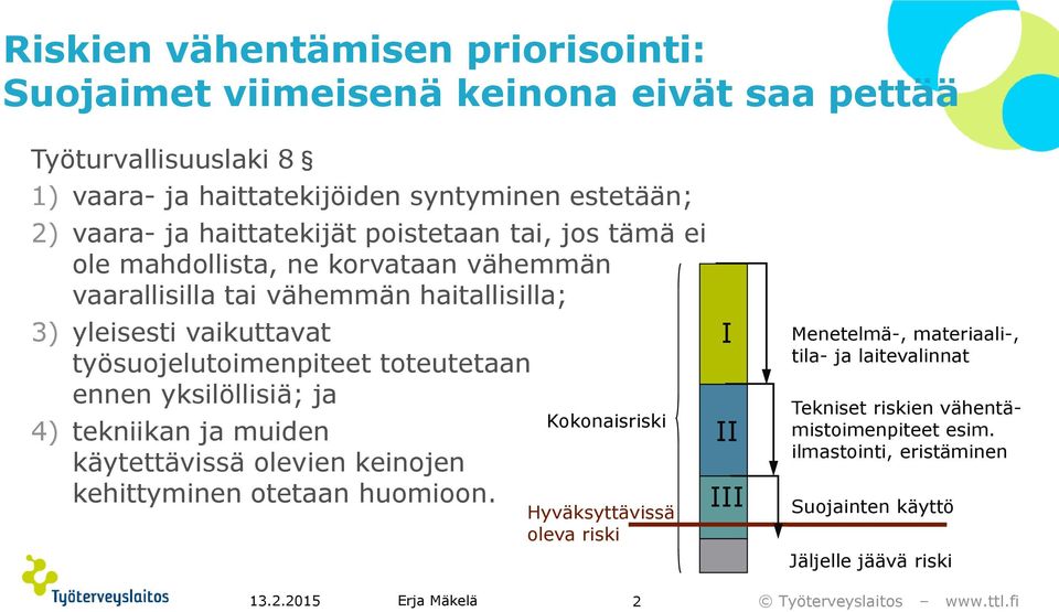 työsuojelutoimenpiteet toteutetaan ennen yksilöllisiä; ja 4) tekniikan ja muiden käytettävissä olevien keinojen kehittyminen otetaan huomioon.