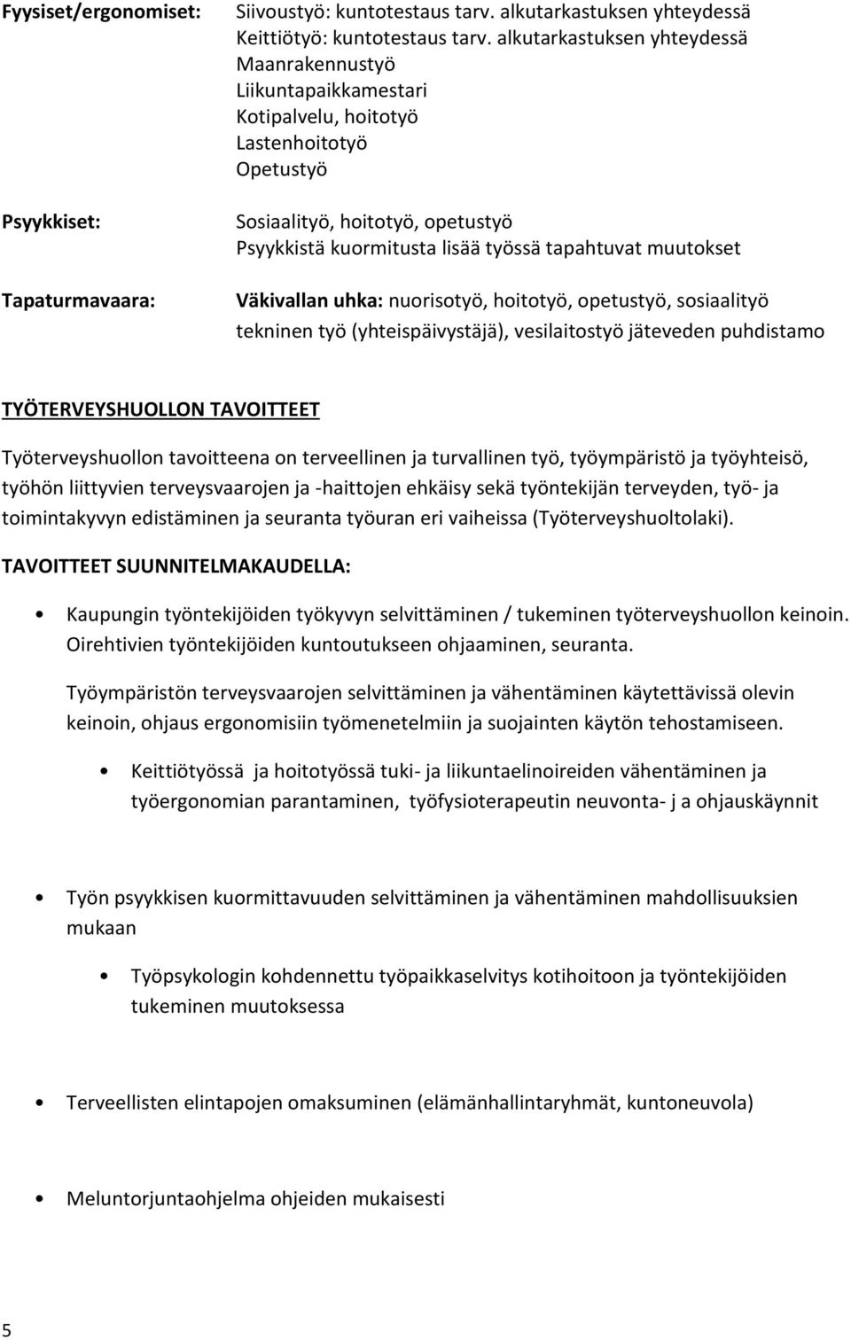 muutokset Väkivallan uhka: nuorisotyö, hoitotyö, opetustyö, sosiaalityö tekninen työ (yhteispäivystäjä), vesilaitostyö jäteveden puhdistamo TYÖTERVEYSHUOLLON TAVOITTEET Työterveyshuollon tavoitteena