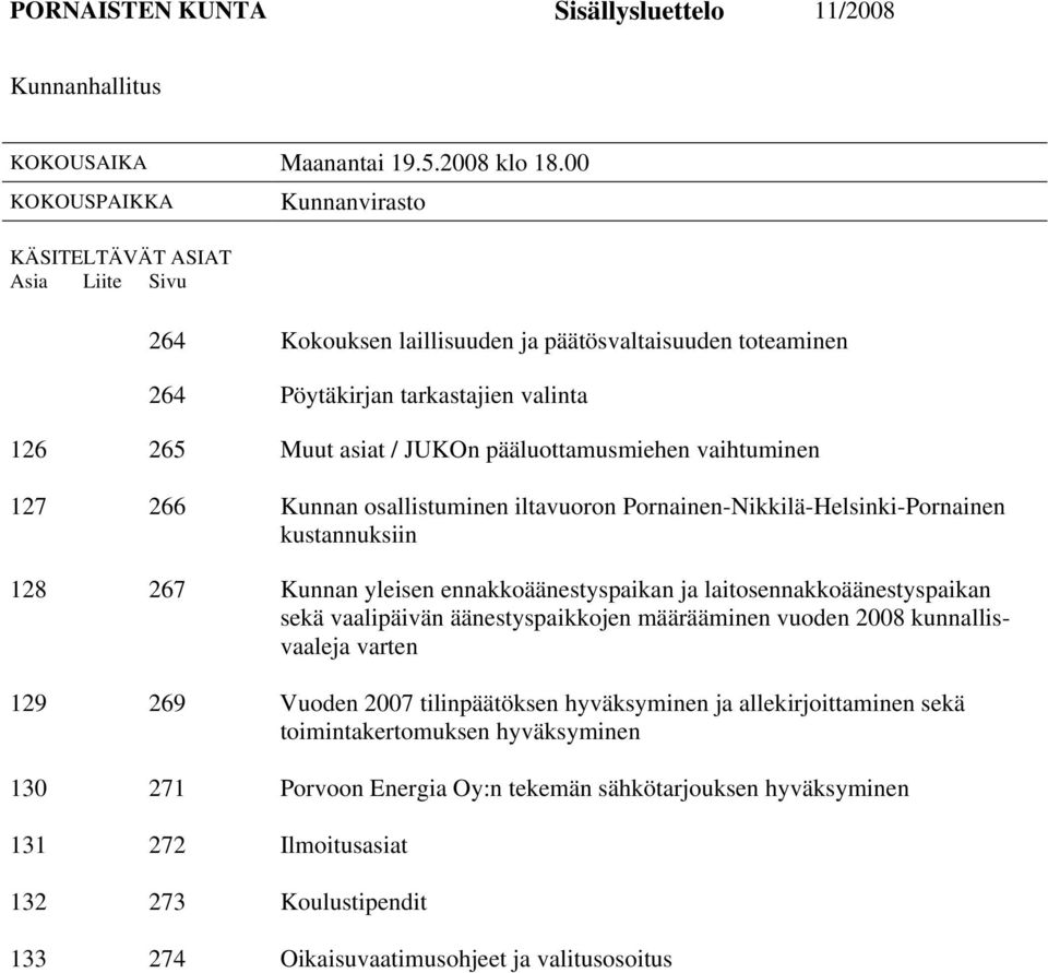 pääluottamusmiehen vaihtuminen 127 266 Kunnan osallistuminen iltavuoron Pornainen-Nikkilä-Helsinki-Pornainen kustannuksiin 128 267 Kunnan yleisen ennakkoäänestyspaikan ja laitosennakkoäänestyspaikan