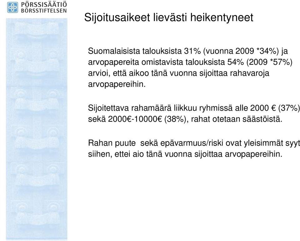 Sijoitettava rahamäärä liikkuu ryhmissä alle 2000 (37%) sekä 2000-10000 (38%), rahat otetaan säästöistä.