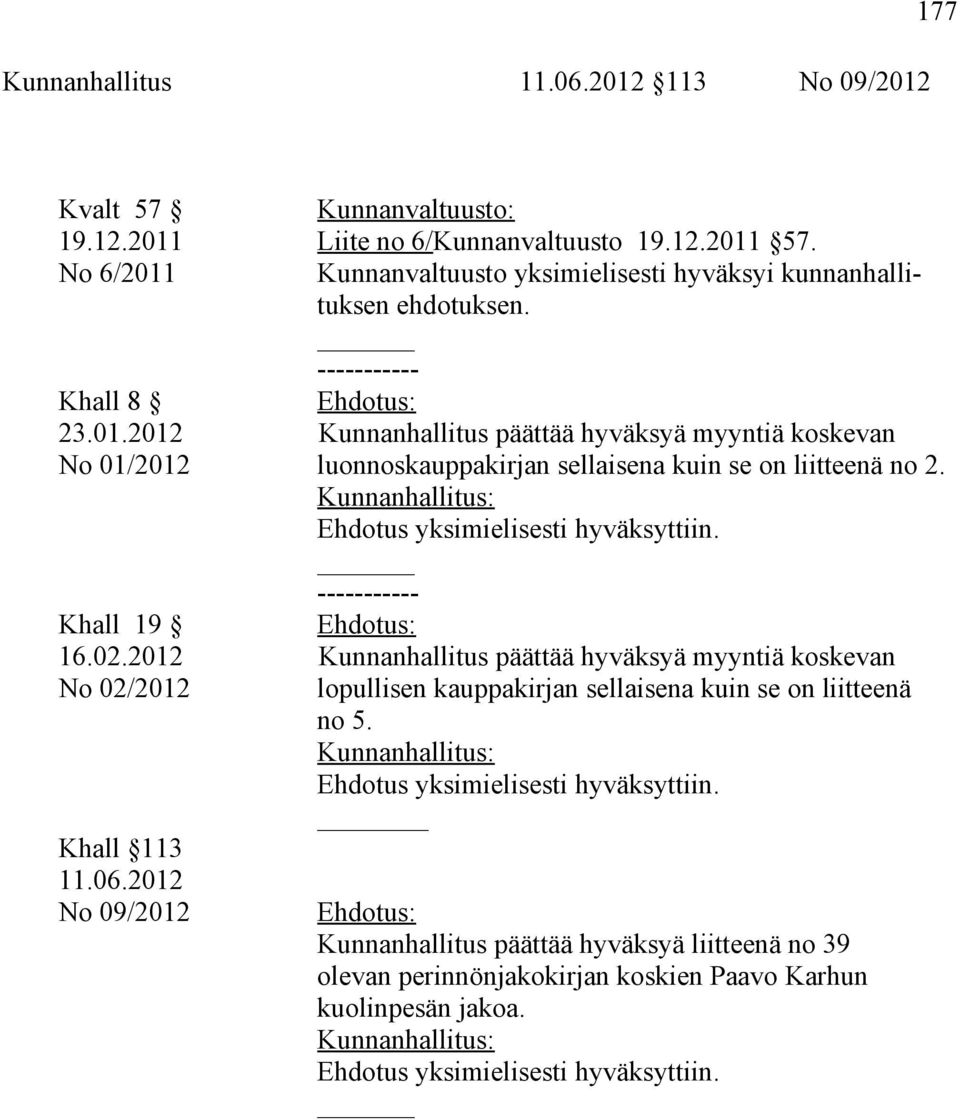 ----------- Khall 19 16.02.2012 Kunnanhallitus päättää hyväksyä myyntiä koskevan No 02/2012 lopullisen kauppakirjan sellaisena kuin se on liitteenä no 5.