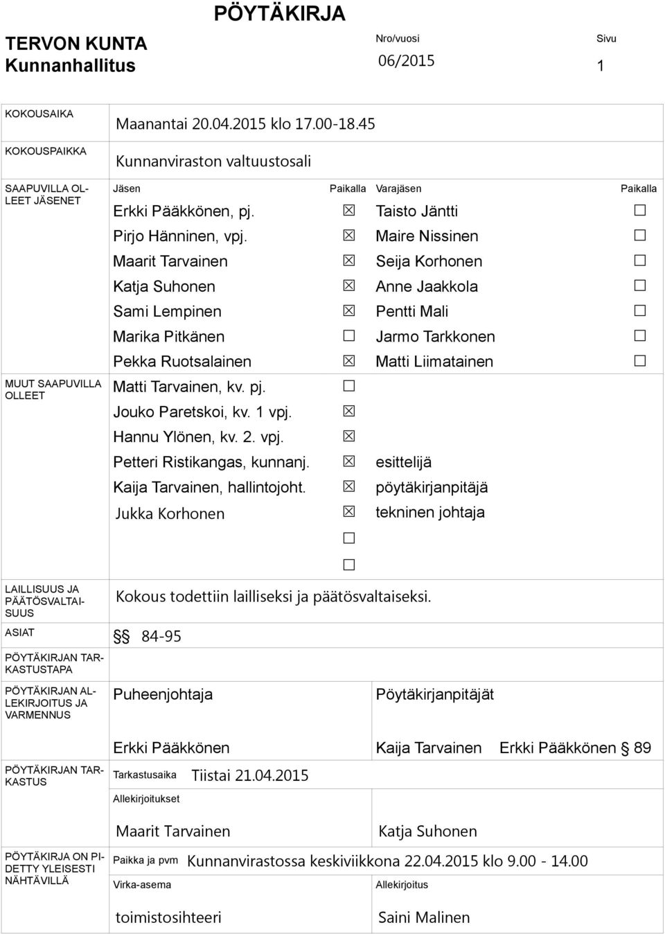 Maire Nissinen Maarit Tarvainen Seija Korhonen Katja Suhonen Anne Jaakkola Sami Lempinen Pentti Mali Marika Pitkänen Jarmo Tarkkonen Pekka Ruotsalainen Matti Liimatainen Matti Tarvainen, kv. pj.