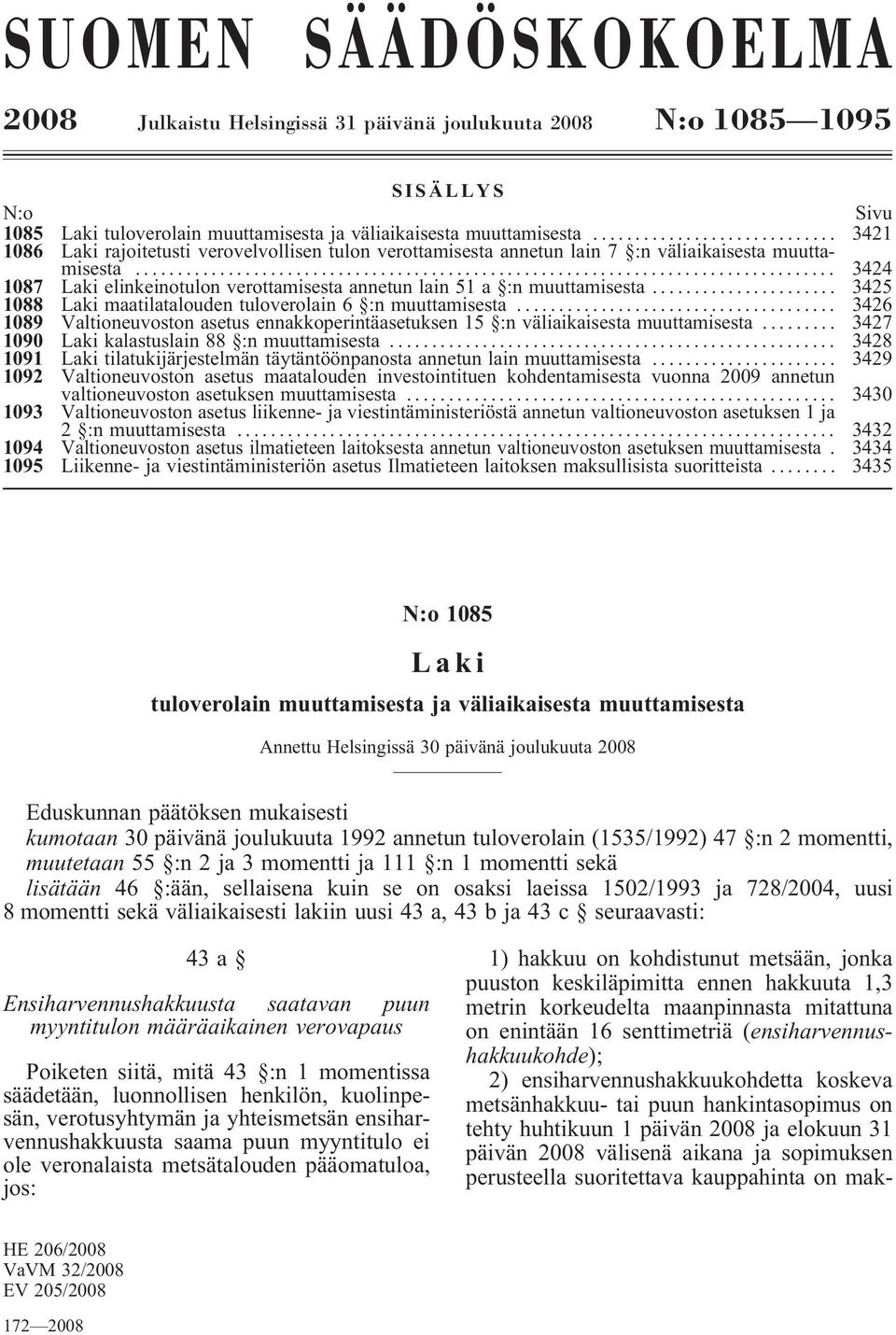 .. 3425 1088 Laki maatilatalouden tuloverolain 6 :n muuttamisesta... 3426 1089 Valtioneuvoston asetus ennakkoperintäasetuksen 15 :n väliaikaisesta muuttamisesta.