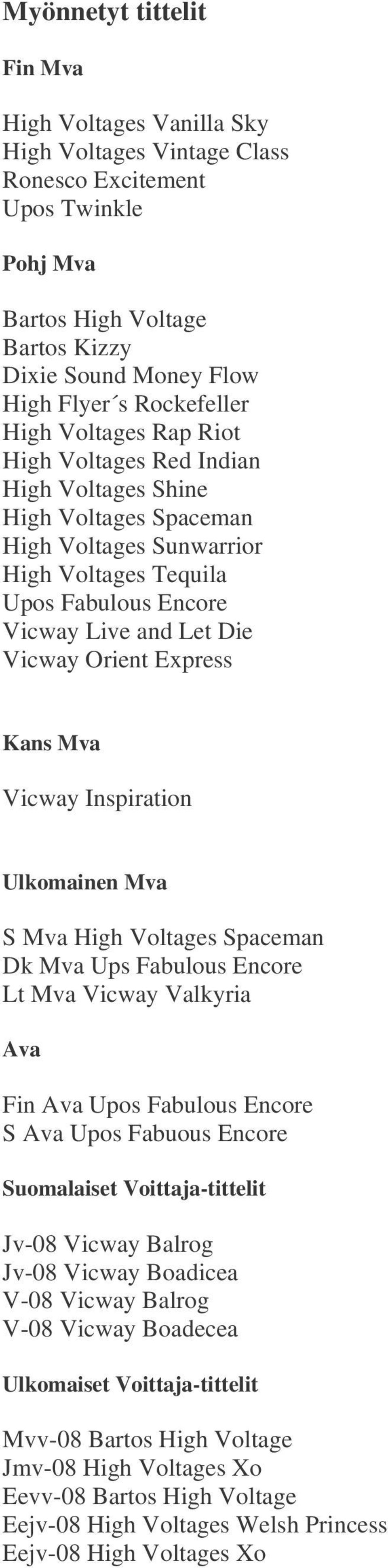 Vicway Orient Express Kans Mva Vicway Inspiration Ulkomainen Mva S Mva High Voltages Spaceman Dk Mva Ups Fabulous Encore Lt Mva Vicway Valkyria Ava Fin Ava Upos Fabulous Encore S Ava Upos Fabuous