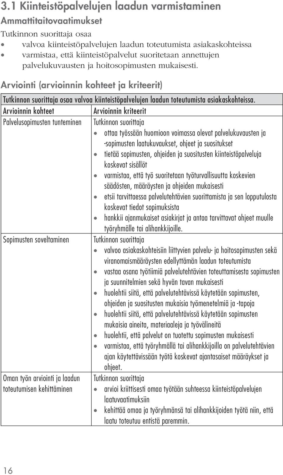 Arviointi (arvioinnin kohteet ja kriteerit) Tutkinnon suorittaja osaa valvoa kiinteistöpalvelujen laadun toteutumista asiakaskohteissa.