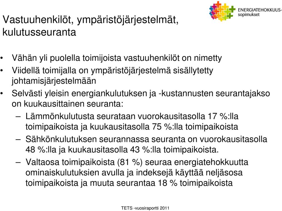 %:lla toimipaikoista ja kuukausitasolla 75 %:lla toimipaikoista Sähkönkulutuksen seurannassa seuranta on vuorokausitasolla 48 %:lla ja kuukausitasolla 43 %:lla