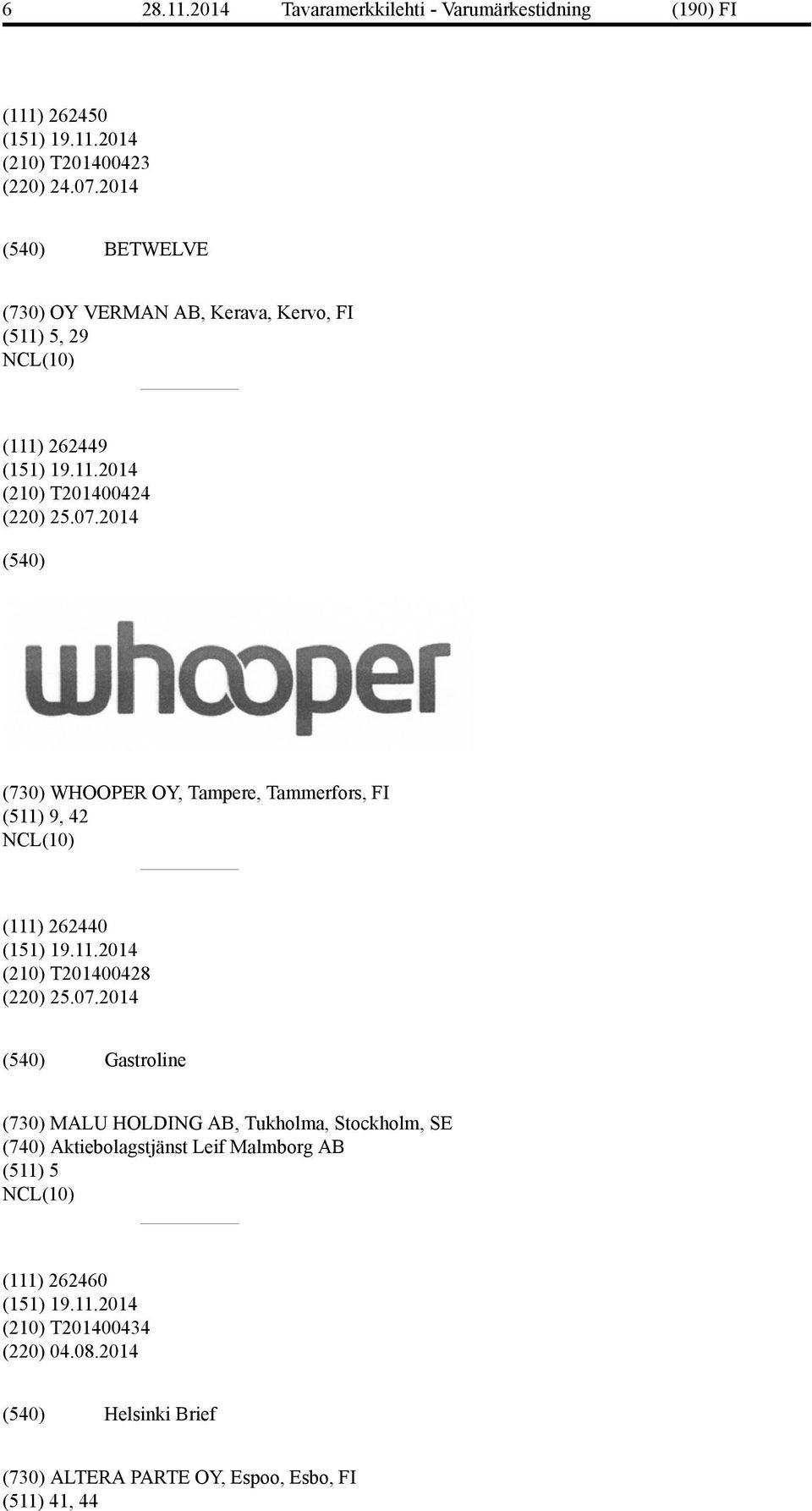 2014 (730) WHOOPER OY, Tampere, Tammerfors, FI (511) 9, 42 (111) 262440 (210) T201400428 (220) 25.07.