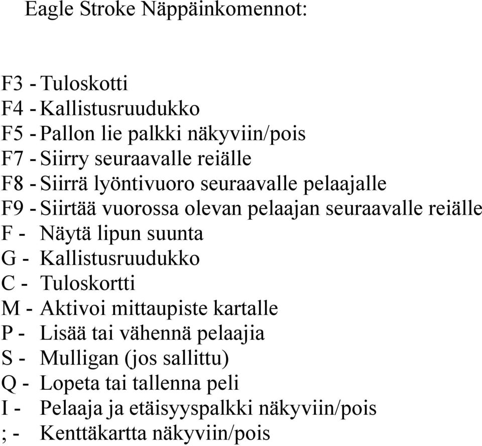 F - Näytä lipun suunta G - Kallistusruudukko C - Tuloskortti M - Aktivoi mittaupiste kartalle P - Lisää tai vähennä pelaajia