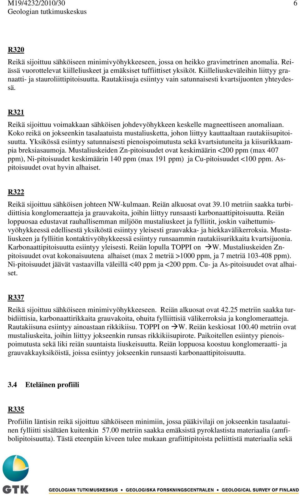 R321 Reikä sijoittuu voimakkaan sähköisen johdevyöhykkeen keskelle magneettiseen anomaliaan. Koko reikä on jokseenkin tasalaatuista mustaliusketta, johon liittyy kauttaaltaan rautakiisupitoisuutta.