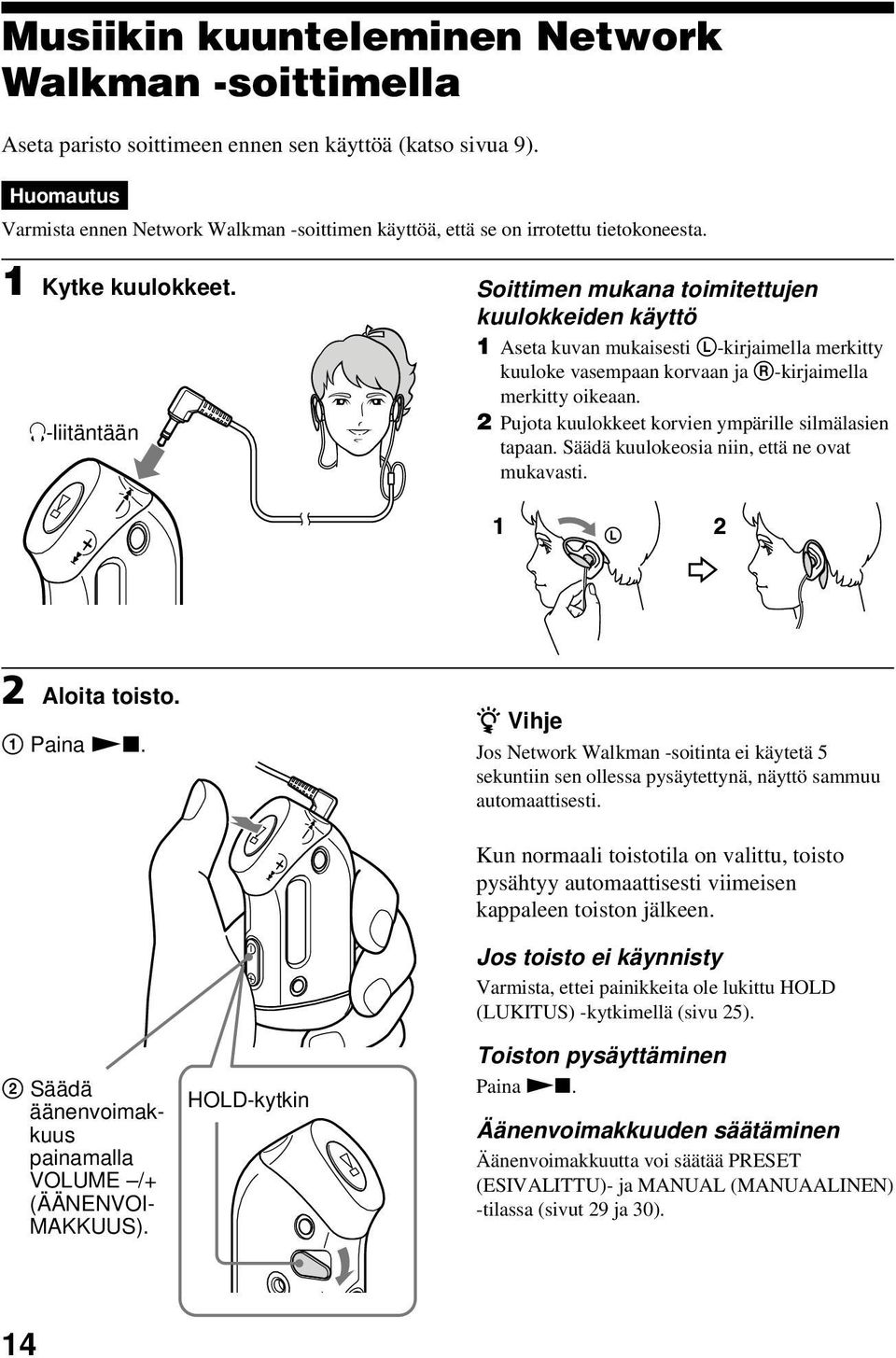 i-liitäntään Soittimen mukana toimitettujen kuulokkeiden käyttö 1 Aseta kuvan mukaisesti L-kirjaimella merkitty kuuloke vasempaan korvaan ja R-kirjaimella merkitty oikeaan.