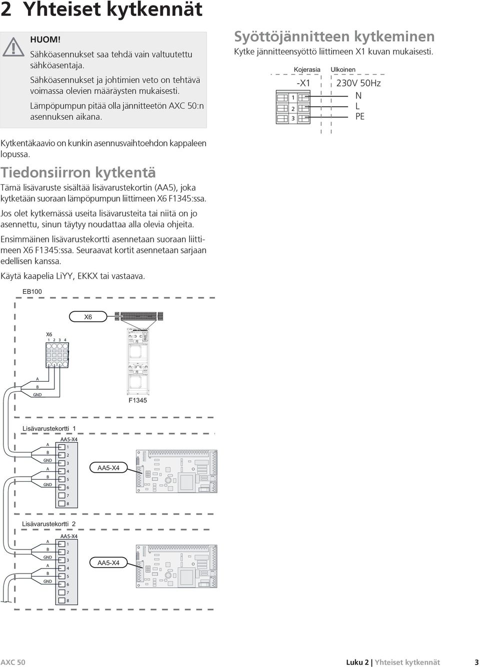 -X 0V 0Hz N Kytkentäkaavio on kunkin asennusvaihtoehdon kappaleen lopussa.