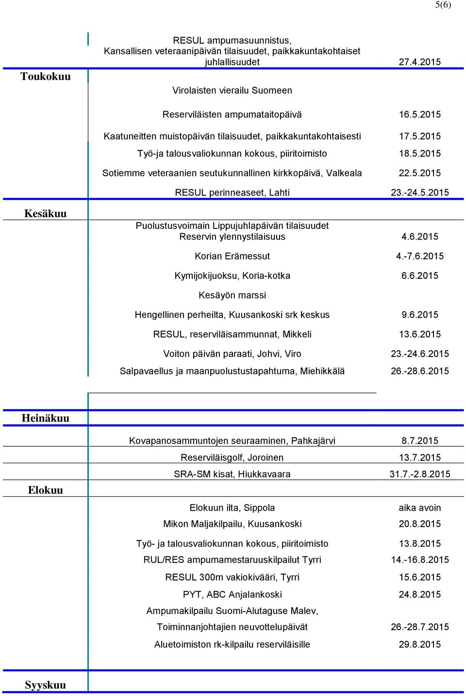 6.2015 Korian Erämessut 4.-7.6.2015 Kymijokijuoksu, Koria-kotka 6.6.2015 Kesäyön marssi Hengellinen perheilta, Kuusankoski srk keskus 9.6.2015 RESUL, reserviläisammunnat, Mikkeli 13.6.2015 Voiton päivän paraati, Johvi, Viro 23.