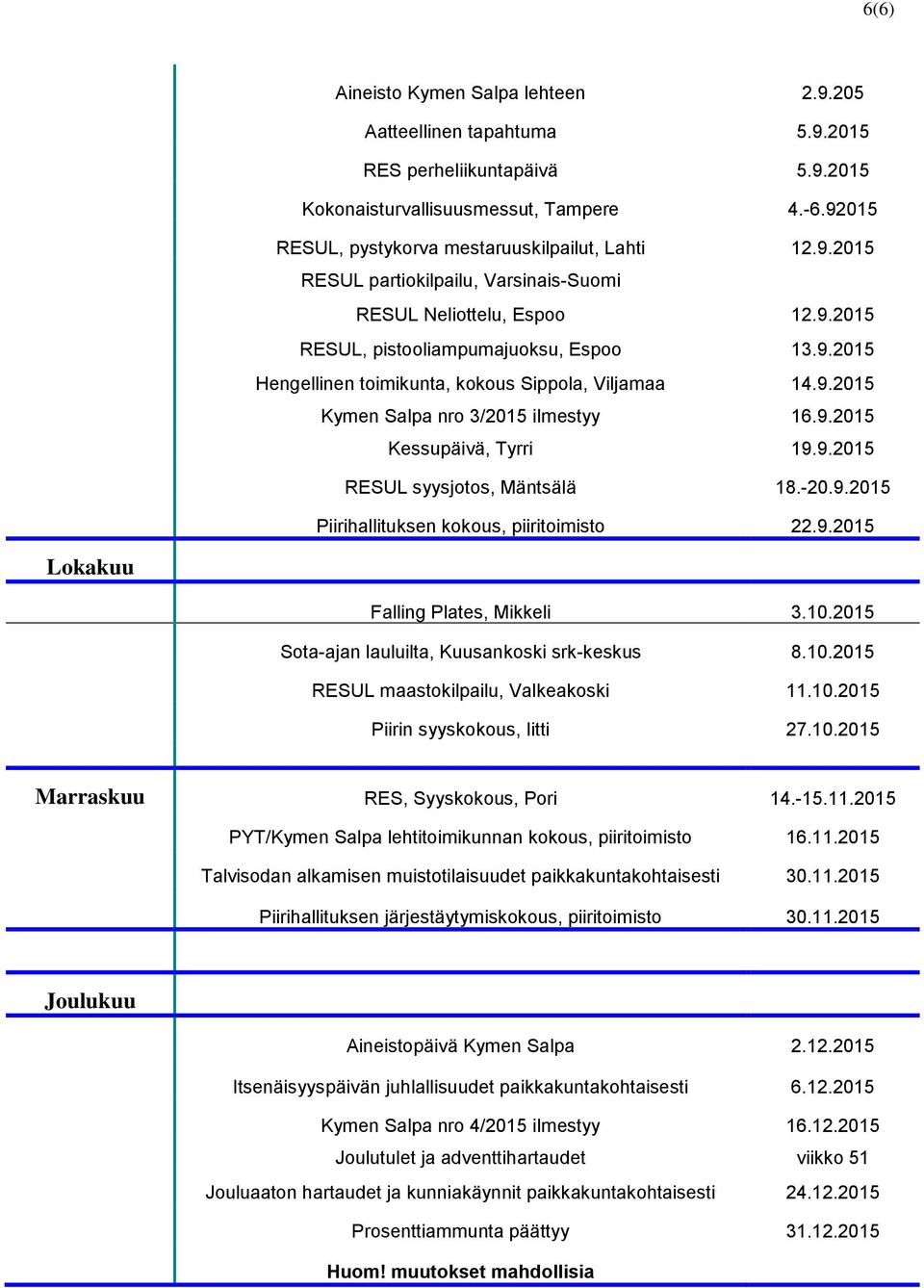 9.2015 Kessupäivä, Tyrri 19.9.2015 RESUL syysjotos, Mäntsälä 18.-20.9.2015 Piirihallituksen kokous, piiritoimisto 22.9.2015 Lokakuu Falling Plates, Mikkeli 3.10.