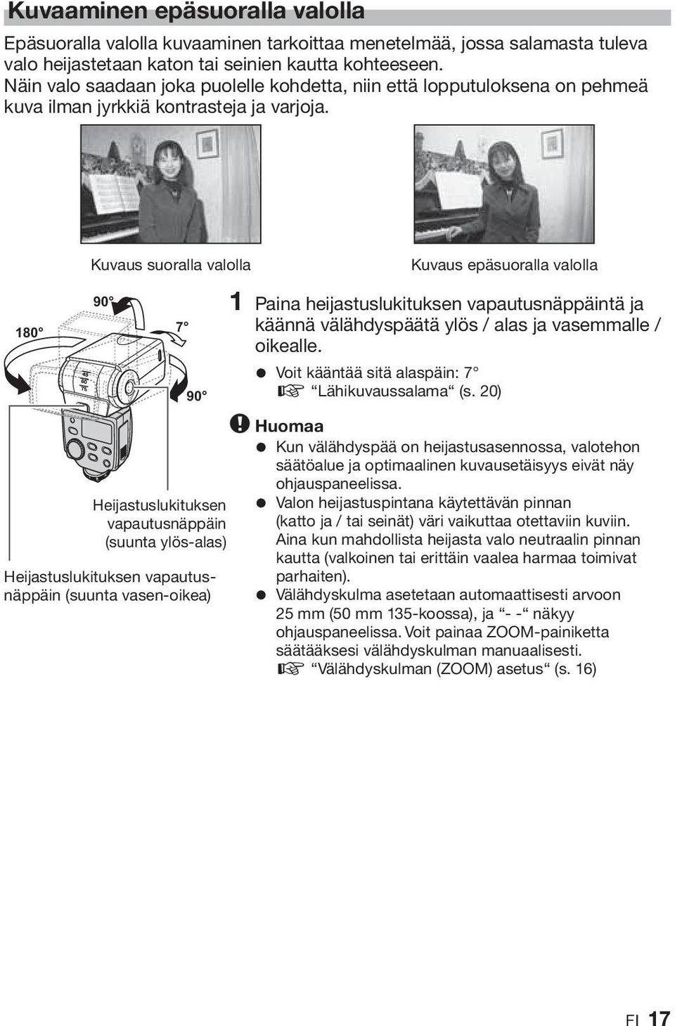 Kuvaus suoralla valolla Kuvaus epäsuoralla valolla 90 180 7 90 Heijastuslukituksen vapautusnäppäin (suunta ylös-alas) Heijastuslukituksen vapautusnäppäin (suunta vasen-oikea) 1 Paina