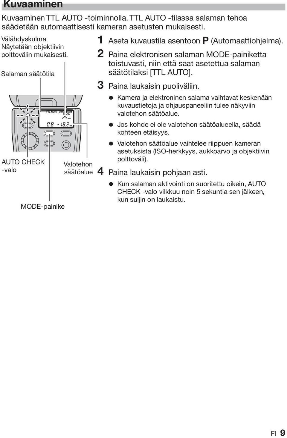 2 Paina elektronisen salaman MODE-painiketta toistuvasti, niin että saat asetettua salaman säätötilaksi [TTL AUTO]. 3 Paina laukaisin puoliväliin.