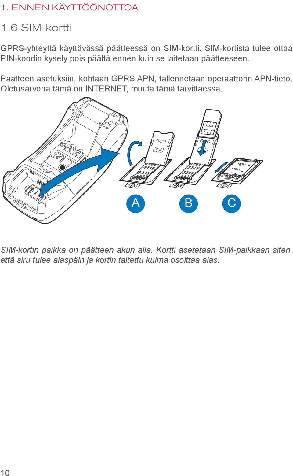 Päätteen asetuksiin, kohtaan GPRS APN, tallennetaan operaattorin APN-tieto.