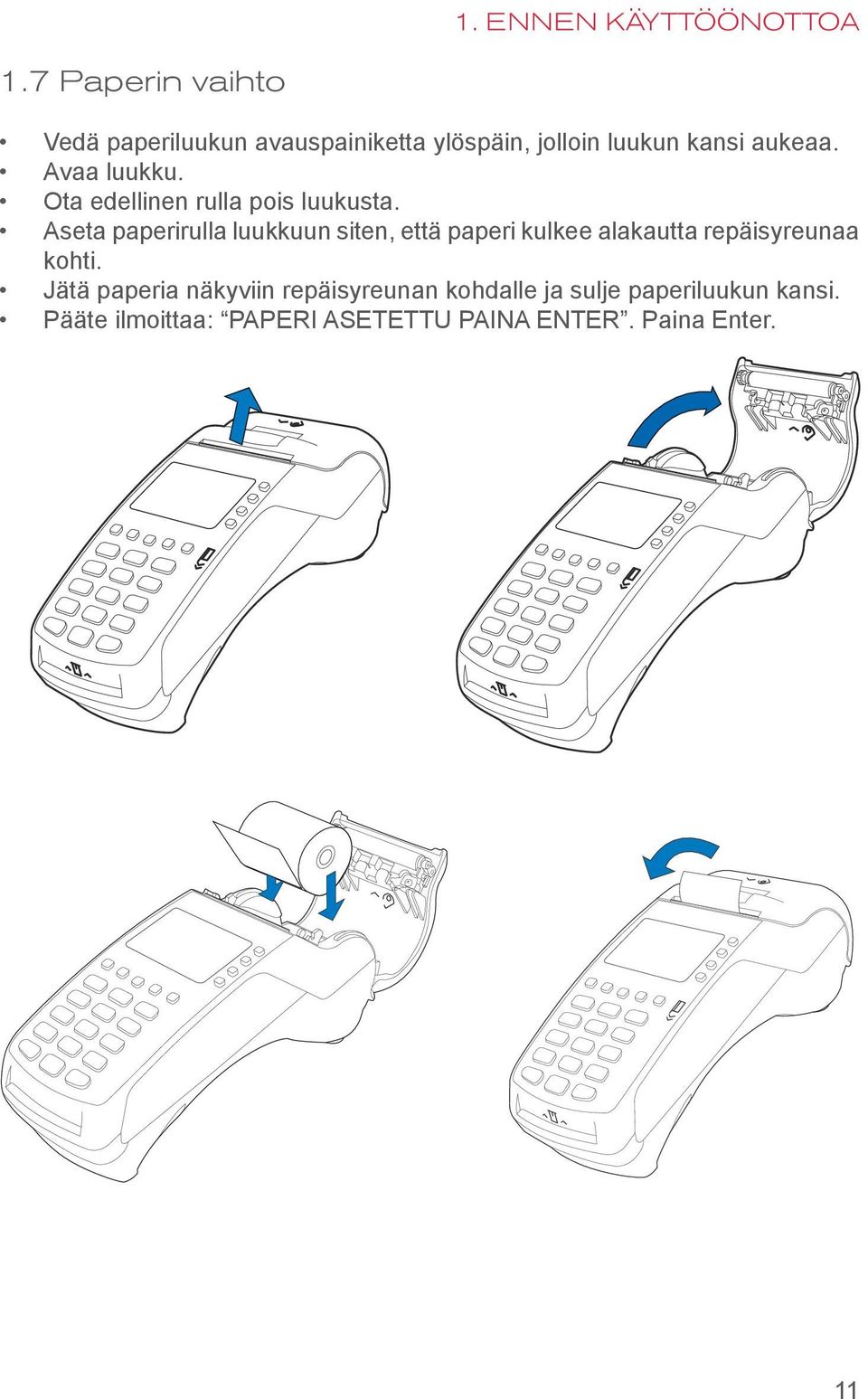 Avaa luukku. Ota edellinen rulla pois luukusta.