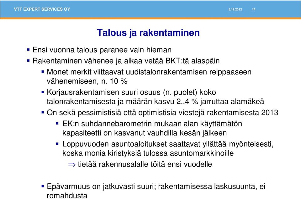 .4 % jarruttaa alamäkeä On sekä pessimistisiä että optimistisia viestejä rakentamisesta 2013 EK:n suhdannebarometrin mukaan alan käyttämätön kapasiteetti on kasvanut vauhdilla