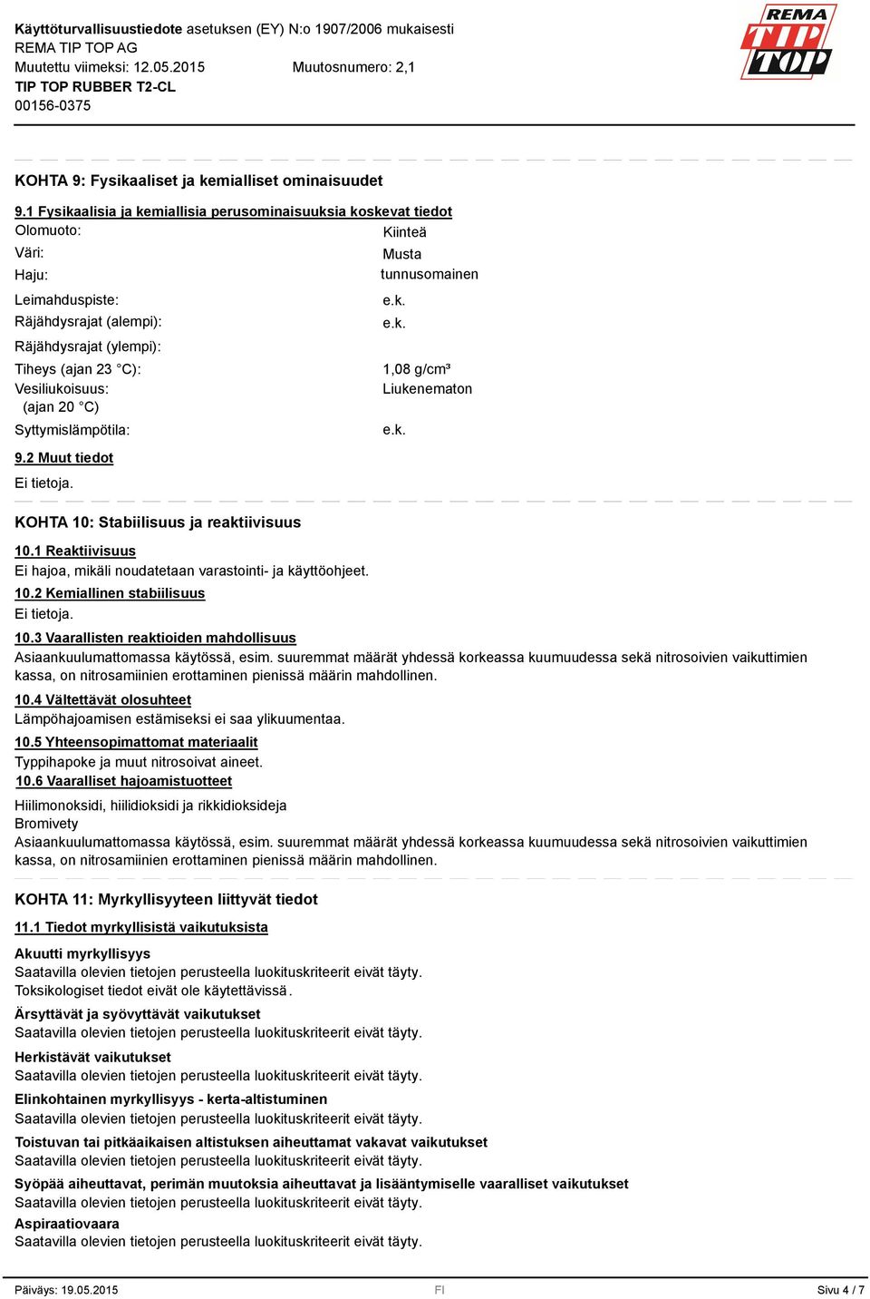 Vesiliukoisuus: (ajan 20 C) Syttymislämpötila: 9.2 KOHTA 10: Stabiilisuus ja reaktiivisuus 10.1 Reaktiivisuus Ei hajoa, mikäli noudatetaan varastointi- ja käyttöohjeet. 10.2 Kemiallinen stabiilisuus e.