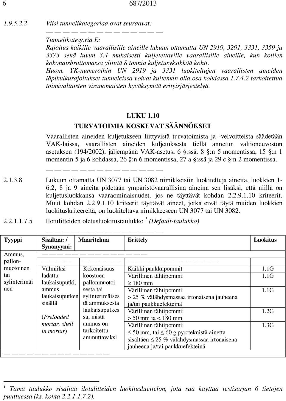YK-numeroihin UN 2919 ja 3331 luokiteltujen vaarallisten aineiden läpikulkurajoitukset tunneleissa voivat kuitenkin olla osa kohdassa 1.7.4.