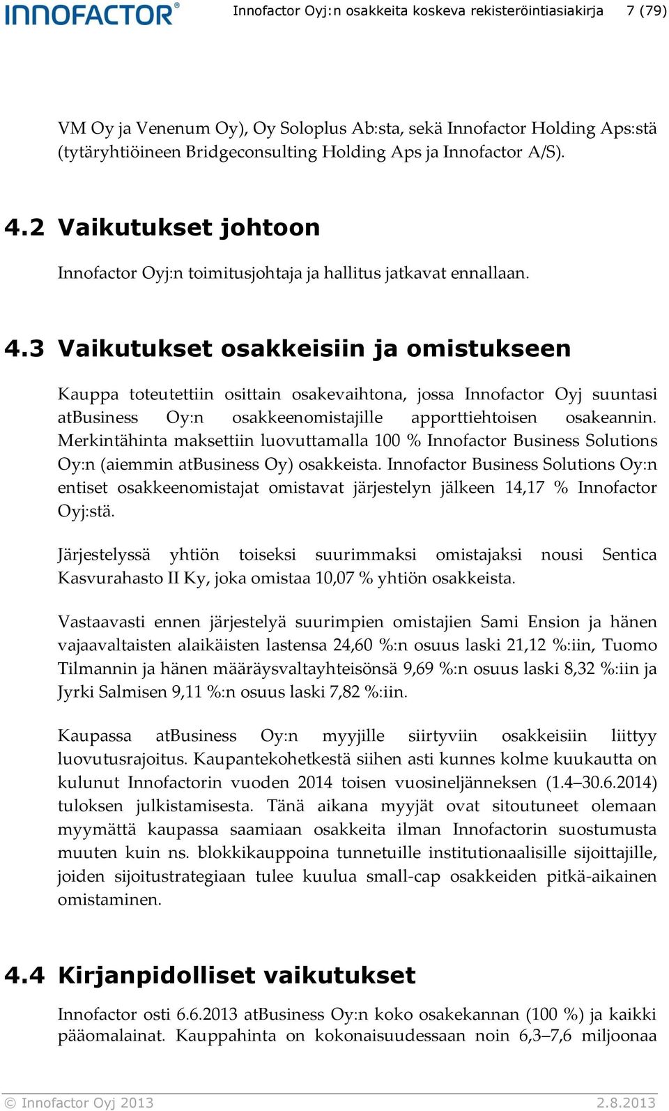 Merkintähinta maksettiin luovuttamalla 100 % Innofactor Business Solutions Oy:n (aiemmin atbusiness Oy) osakkeista.