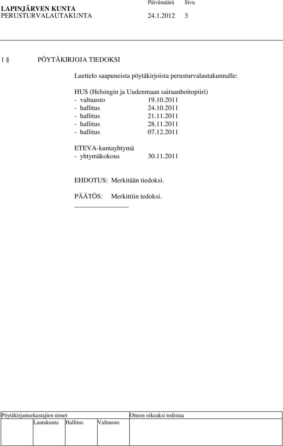 HUS (Helsingin ja Uudenmaan sairaanhoitopiiri) - valtuusto 19.10.2011 - hallitus 24.10.2011 - hallitus 21.
