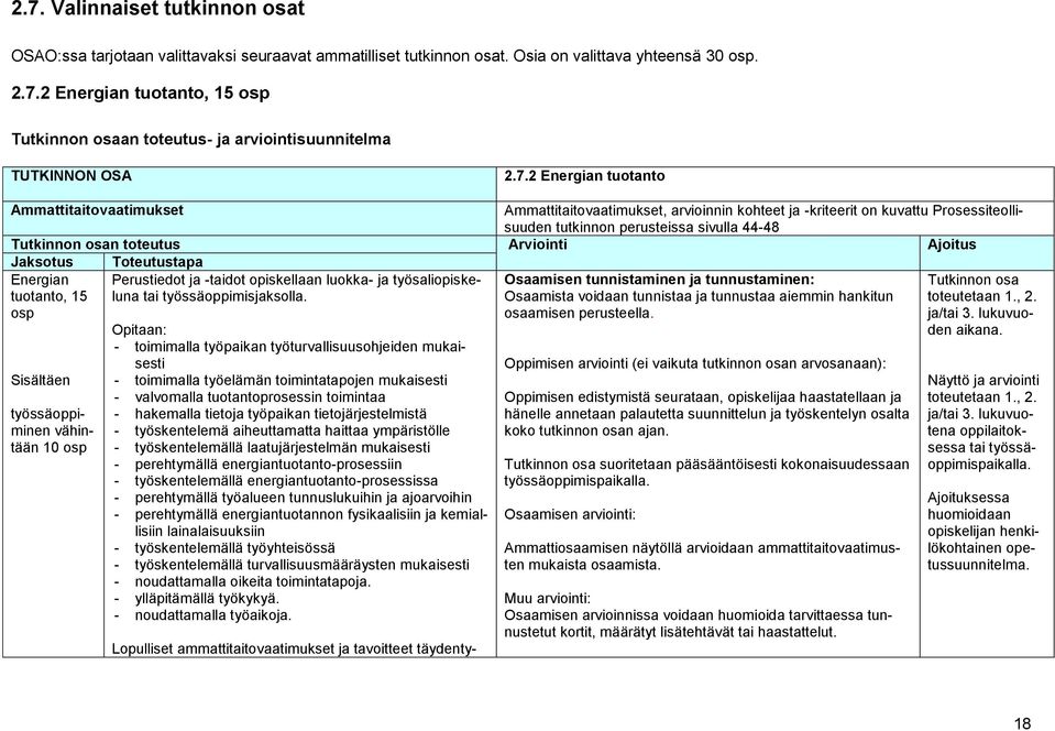 Arviointi Ajoitus Jaksotus Energian tuotanto, 15 osp Sisältäen työssäoppiminen vähintään 10 osp Toteutustapa Perustiedot ja -taidot opiskellaan luokka- ja työsaliopiskeluna tai työssäoppimisjaksolla.