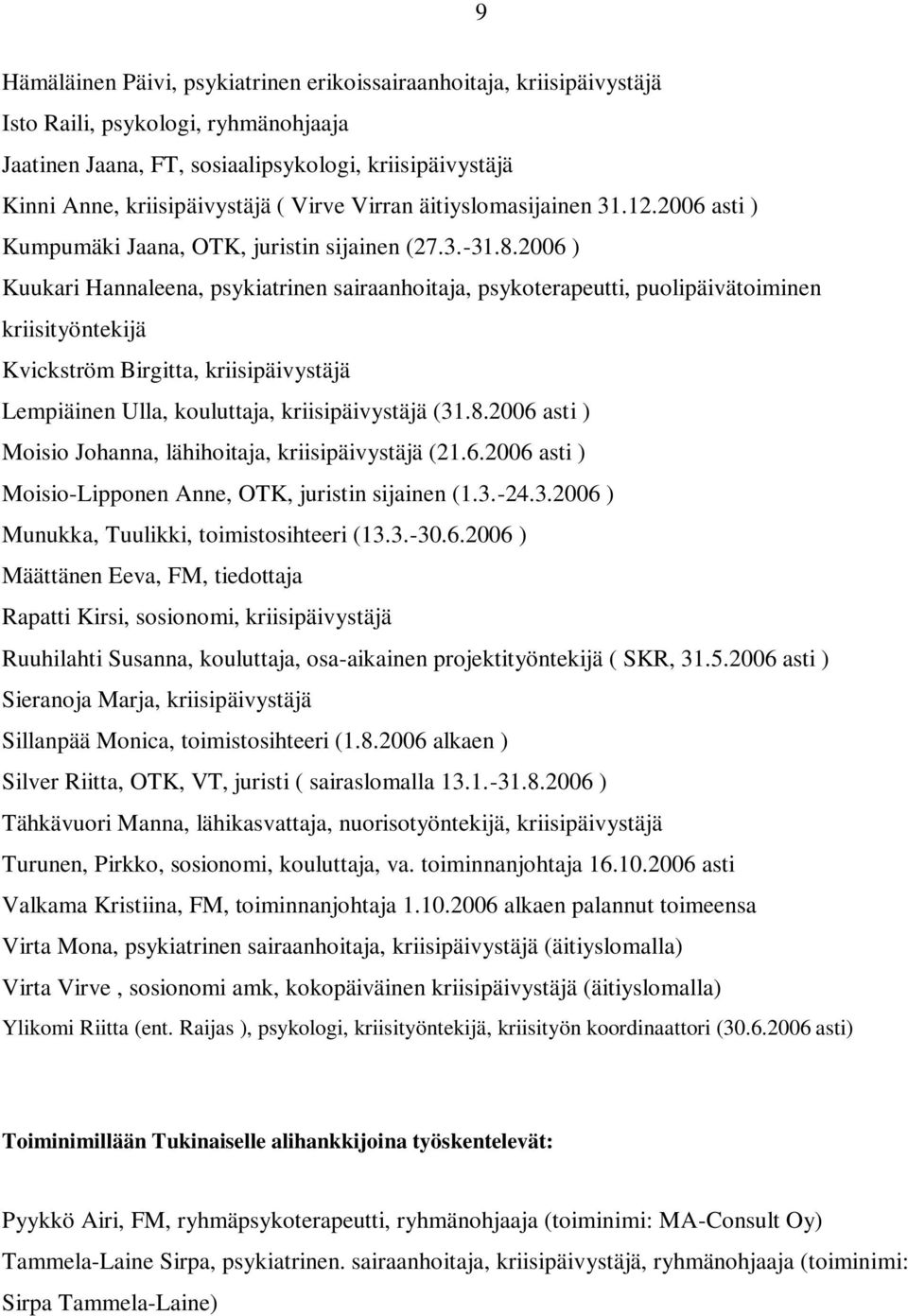 2006 ) Kuukari Hannaleena, psykiatrinen sairaanhoitaja, psykoterapeutti, puolipäivätoiminen kriisityöntekijä Kvickström Birgitta, kriisipäivystäjä Lempiäinen Ulla, kouluttaja, kriisipäivystäjä (31.8.