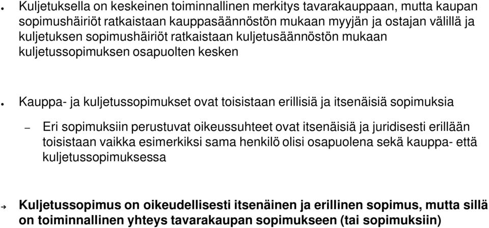 itsenäisiä sopimuksia Eri sopimuksiin perustuvat oikeussuhteet ovat itsenäisiä ja juridisesti erillään toisistaan vaikka esimerkiksi sama henkilö olisi osapuolena sekä