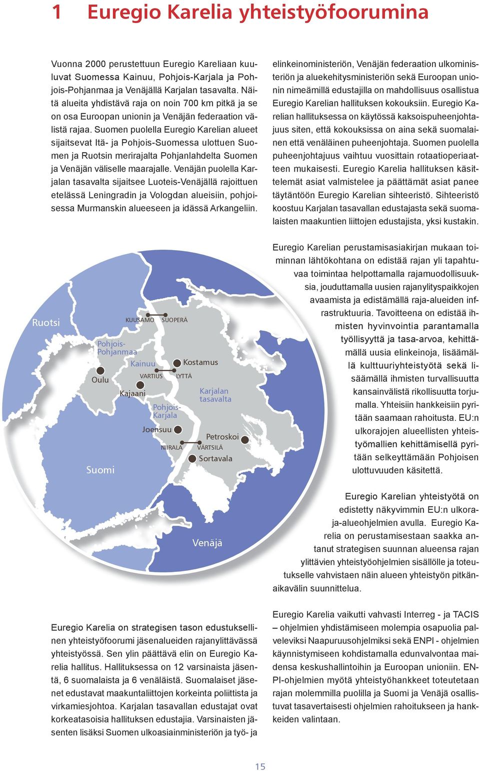 Suomen puolella Euregio Karelian alueet sijaitsevat Itä- ja Pohjois-Suomessa ulottuen Suomen ja Ruotsin merirajalta Pohjanlahdelta Suomen ja Venäjän väliselle maarajalle.