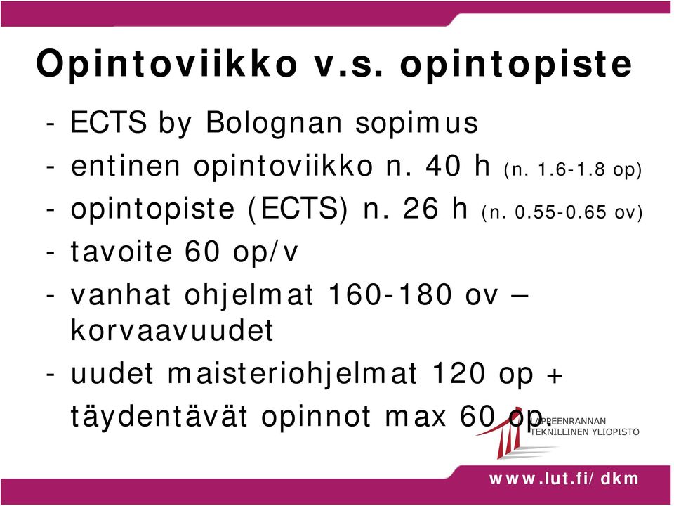 40 h (n. 1.6-1.8 op) - opintopiste (ECTS) n. 26 h (n. 0.55-0.