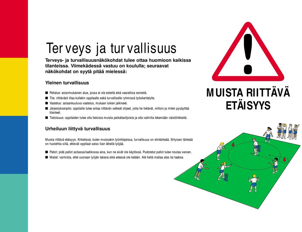 Tila: riittävästi tilaa kullekin oppilaalle sekä turvalliselle ryhmissä työskentelylle. Vaatetus: asiaankuuluva vaatetus, mukaan lukien jalkineet.