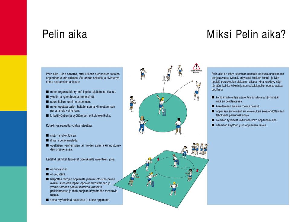 miten opettaa pallon heittämisen ja kiinniottamisen perustaitoja vaiheittain. krikettilyöntien ja syöttämisen erikoistekniikoita. Kutakin osa-aluetta voidaa toteuttaa:!