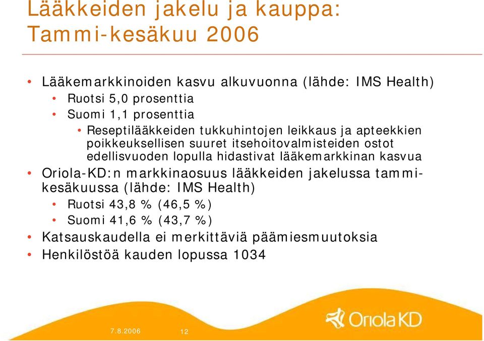 edellisvuoden lopulla hidastivat lääkemarkkinan kasvua Oriola KD:n markkinaosuus lääkkeiden jakelussa tammikesäkuussa (lähde: IMS