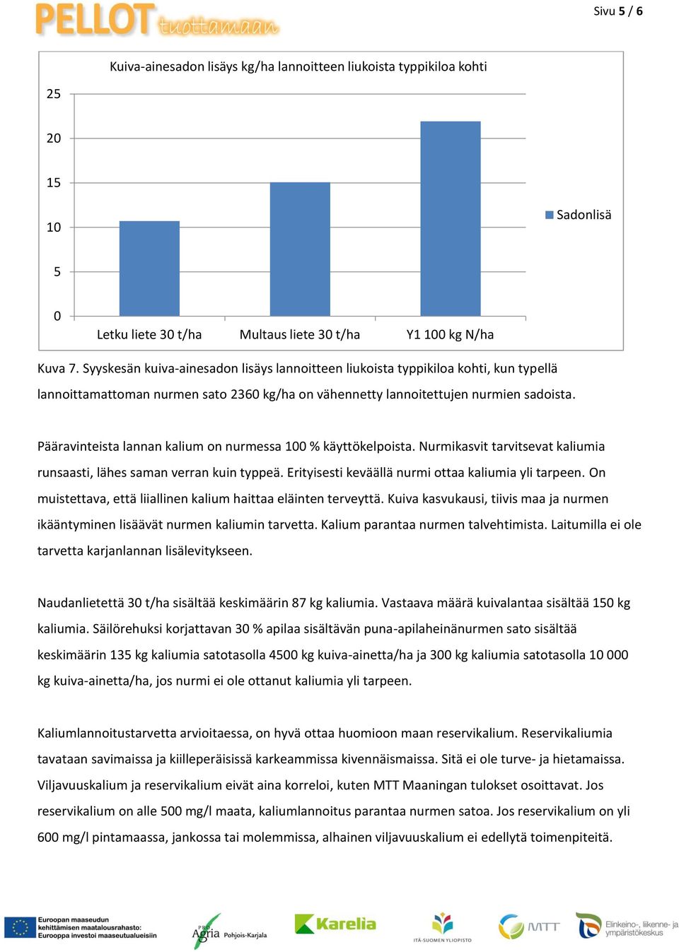 Pääravinteista lannan kalium on nurmessa 100 % käyttökelpoista. Nurmikasvit tarvitsevat kaliumia runsaasti, lähes saman verran kuin typpeä. Erityisesti keväällä nurmi ottaa kaliumia yli tarpeen.