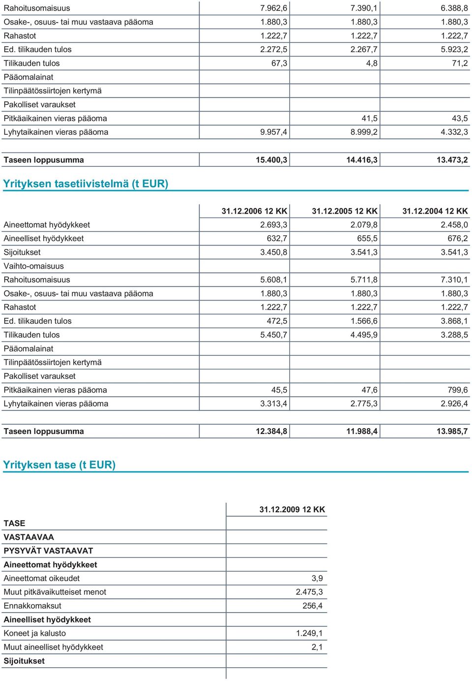 332,3 Taseen loppusumma 15.400,3 14.416,3 13.473,2 Yrityksen tasetiivistelmä (t EUR) 31.12.2006 12 KK 31.12.2005 12 KK 31.12.2004 12 KK Aineettomat hyödykkeet 2.693,3 2.079,8 2.