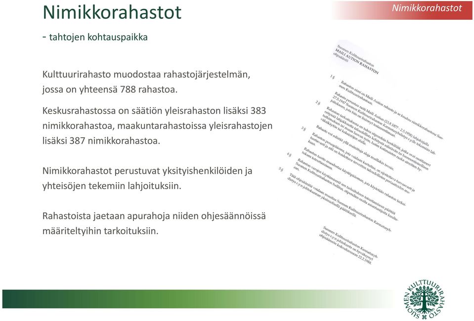 Keskusrahastossa on säätiön yleisrahaston lisäksi 383 nimikkorahastoa, maakuntarahastoissa yleisrahastojen