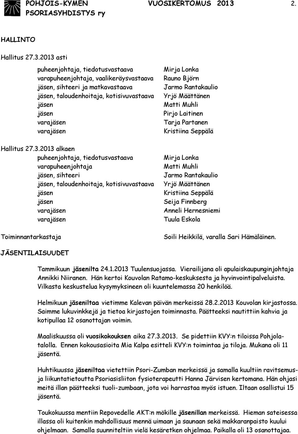 2013 asti puheenjohtaja, tiedotusvastaava varapuheenjohtaja, vaalikeräysvastaava jäsen, sihteeri ja matkavastaava jäsen, taloudenhoitaja, kotisivuvastaava jäsen jäsen varajäsen varajäsen Hallitus 27.