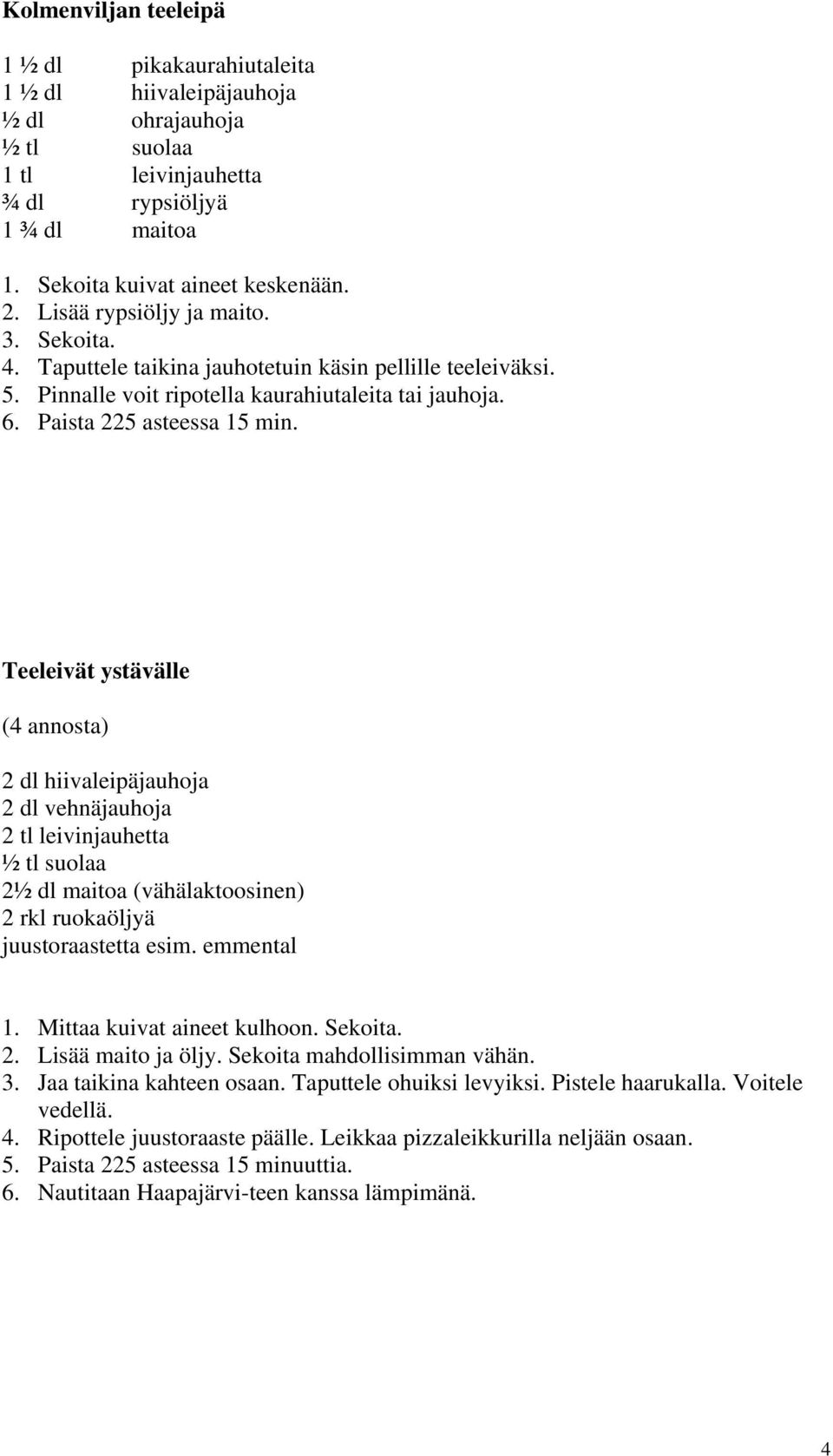 Teeleivät ystävälle (4 annosta) 2 dl hiivaleipäjauhoja 2 dl vehnäjauhoja 2 tl leivinjauhetta 2½ dl maitoa (vähälaktoosinen) 2 rkl ruokaöljyä juustoraastetta esim. emmental 1.