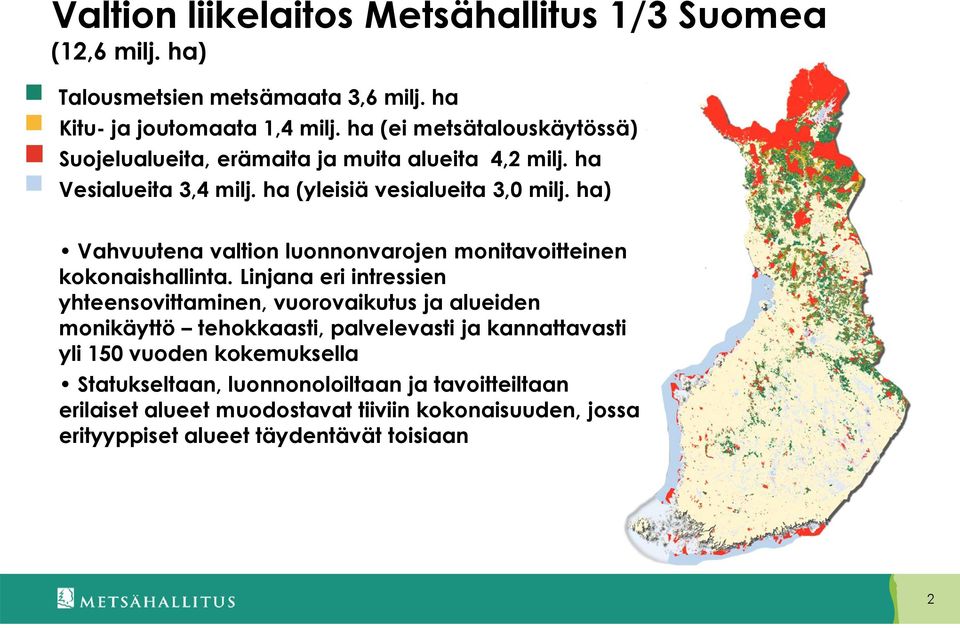 ha) Vahvuutena valtion luonnonvarojen monitavoitteinen kokonaishallinta.