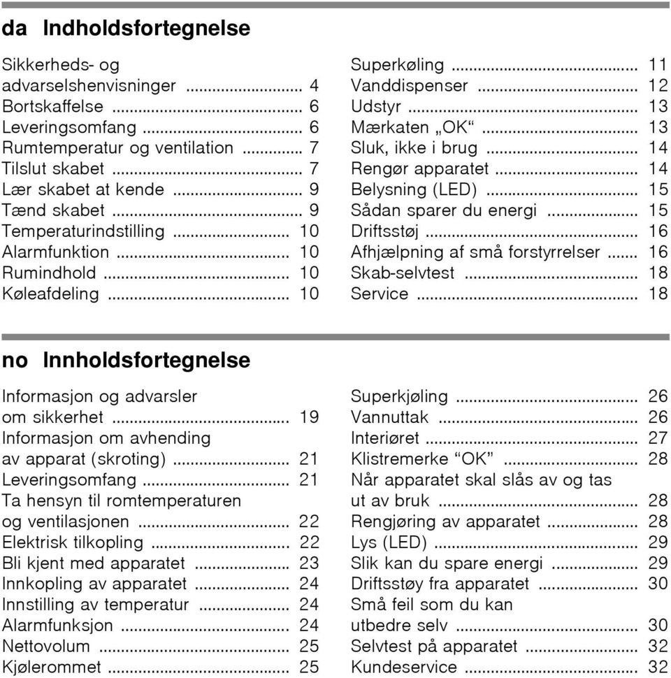 .. 14 Belysning (LED)... 15 Sådan sparer du energi... 15 Driftsstøj... 16 Afhjælpning af små forstyrrelser... 16 Skab-selvtest... 18 Service.