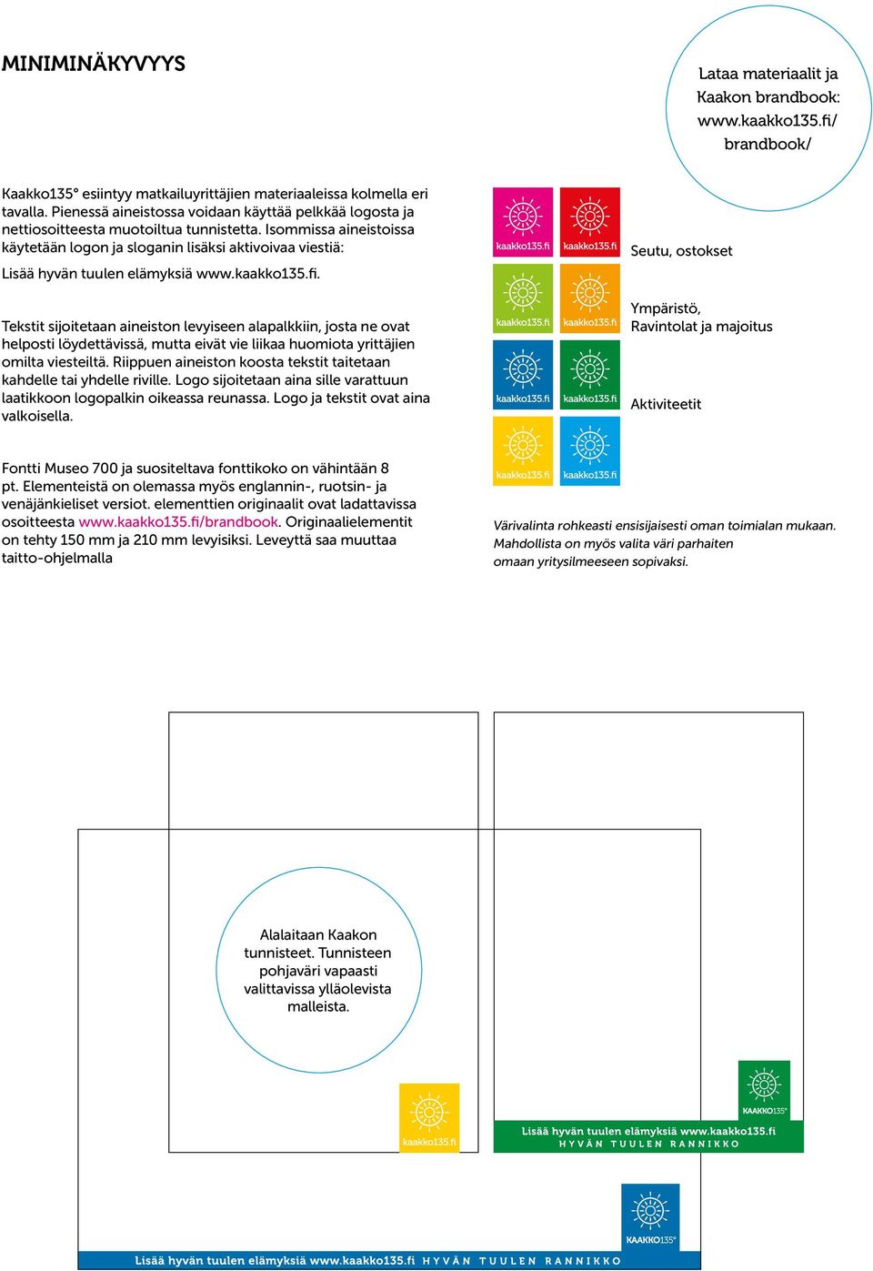 Isommissa aineistoissa käytetään logon ja sloganin lisäksi aktivoivaa viestiä: Lisää hyvän tuulen elämyksiä www.kaakko135.fi.
