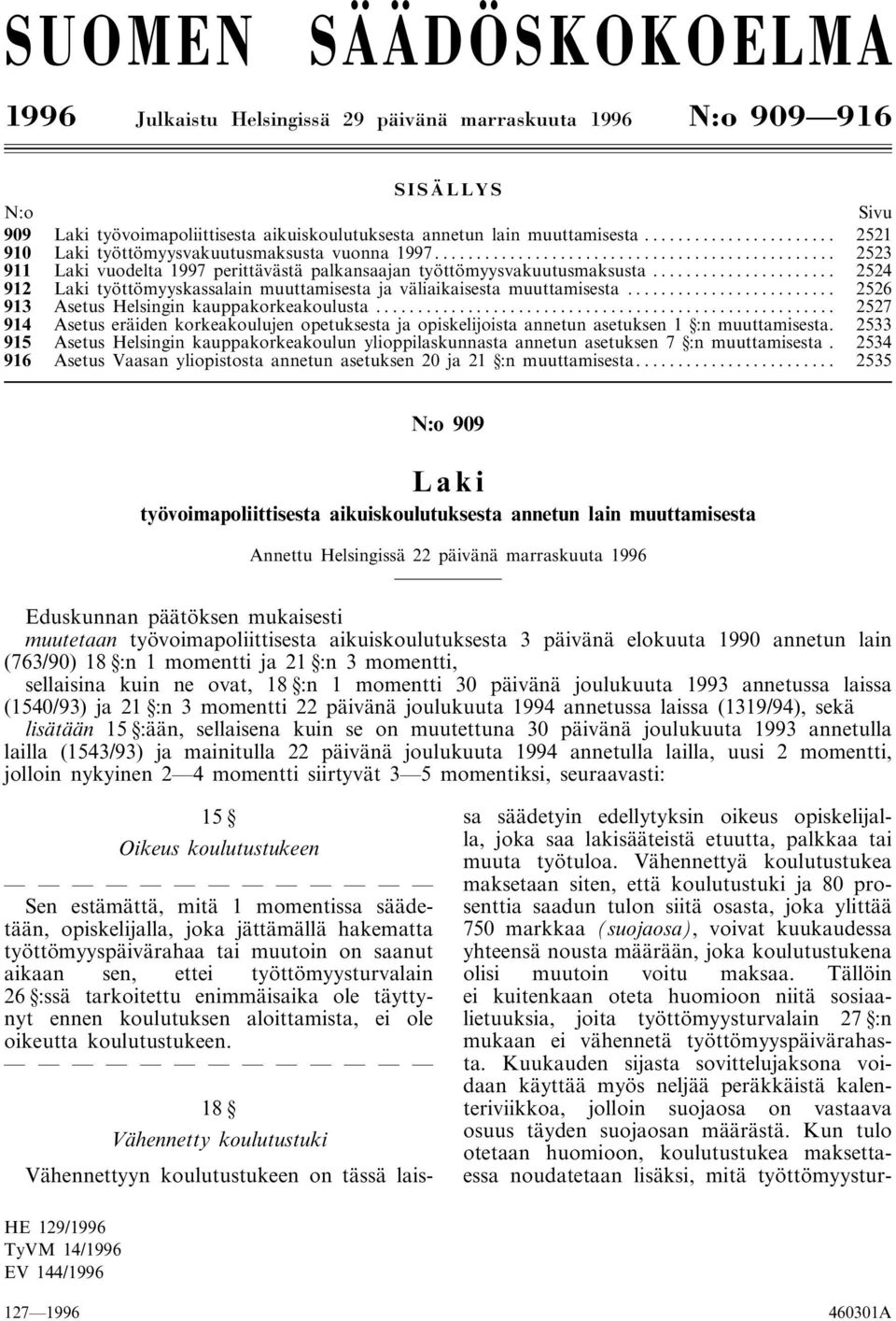 .. 2524 912 Laki työttömyyskassalain muuttamisesta ja väliaikaisesta muuttamisesta... 2526 913 Asetus Helsingin kauppakorkeakoulusta.