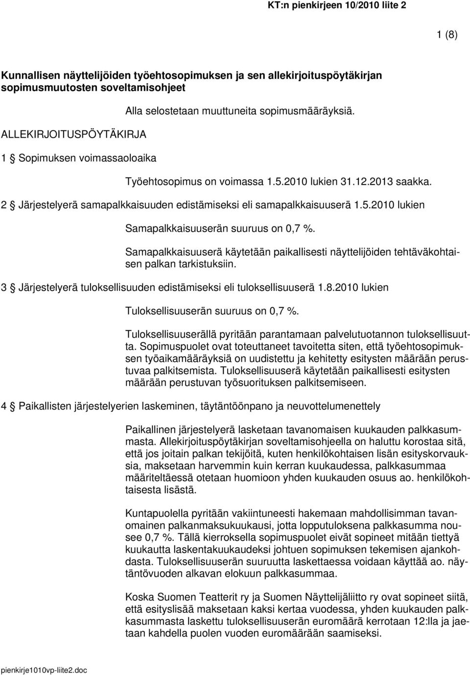 5.2010 lukien Samapalkkaisuuserän suuruus on 0,7 %. Samapalkkaisuuserä käytetään paikallisesti näyttelijöiden tehtäväkohtaisen palkan tarkistuksiin.