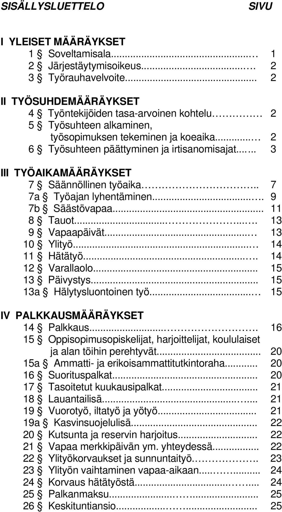 ..... 3 III TYÖAIKAMÄÄRÄYKSET 7 Säännöllinen työaika.. 7 7a Työajan lyhentäminen.... 9 7b Säästövapaa... 11 8 Tauot....... 13 9 Vapaapäivät... 13 10 Ylityö... 14 11 Hätätyö.... 14 12 Varallaolo.