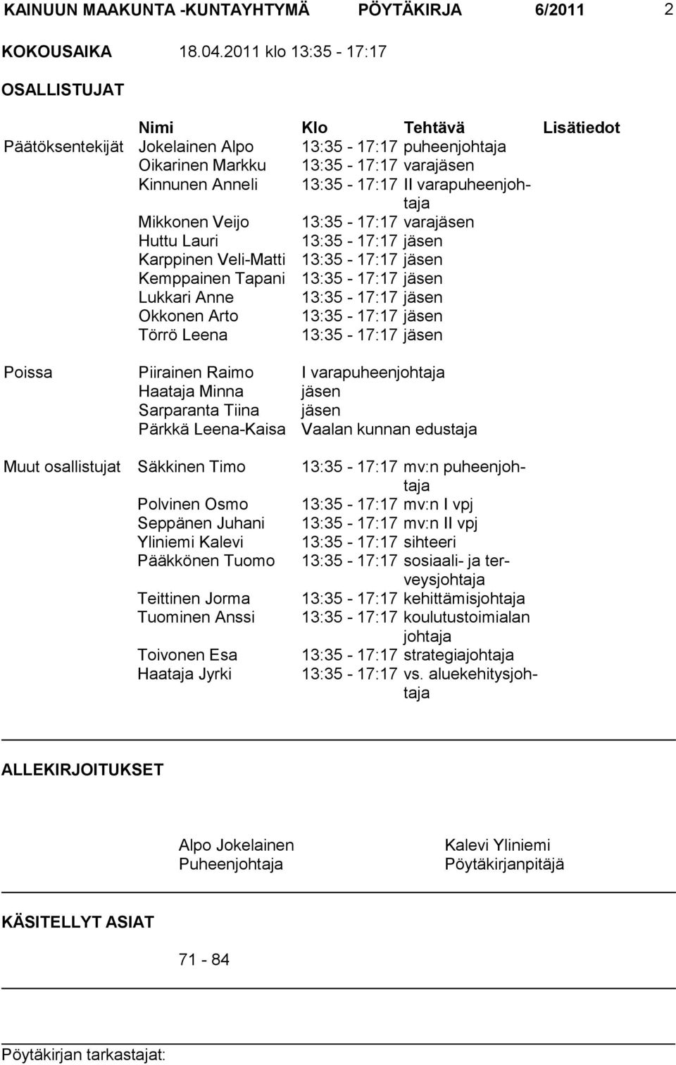 varapuheenjohtaja Mikkonen Veijo 13:35-17:17 varajäsen Huttu Lauri 13:35-17:17 jäsen Karppinen Veli-Matti 13:35-17:17 jäsen Kemppainen Tapani 13:35-17:17 jäsen Lukkari Anne 13:35-17:17 jäsen Okkonen