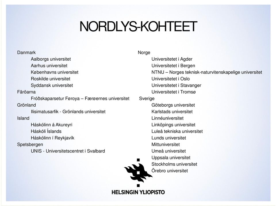 Agder Universitetet i Bergen NTNU Norges teknisk-naturvitenskapelige universitet Universitetet i Oslo Universitetet i Stavanger Universitetet i Tromsø Sverige Göteborgs universitet
